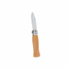 Folding knife with a wooden handle and a partially open blade.