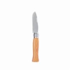 Folding knife with a wooden handle and a stainless steel blade on a white background.