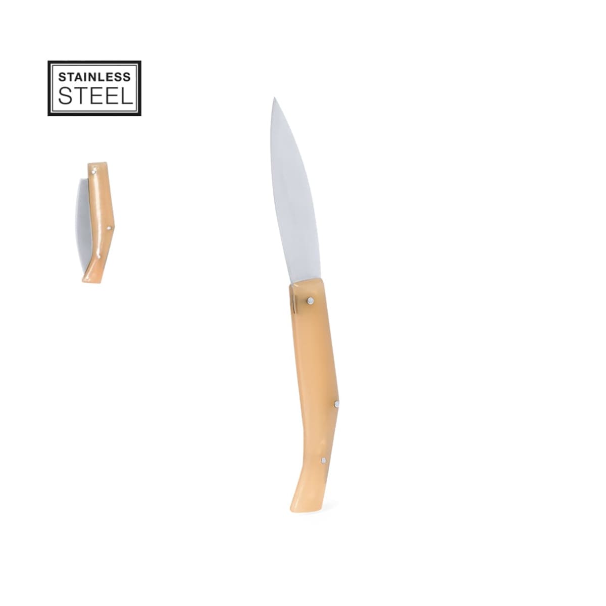Folding knife with a wooden handle and stainless steel blade on a white background.