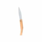 Folding knife with a wooden handle and a sharp, pointed blade against a white background.