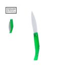 Green-handled folding knife with stainless steel blade.