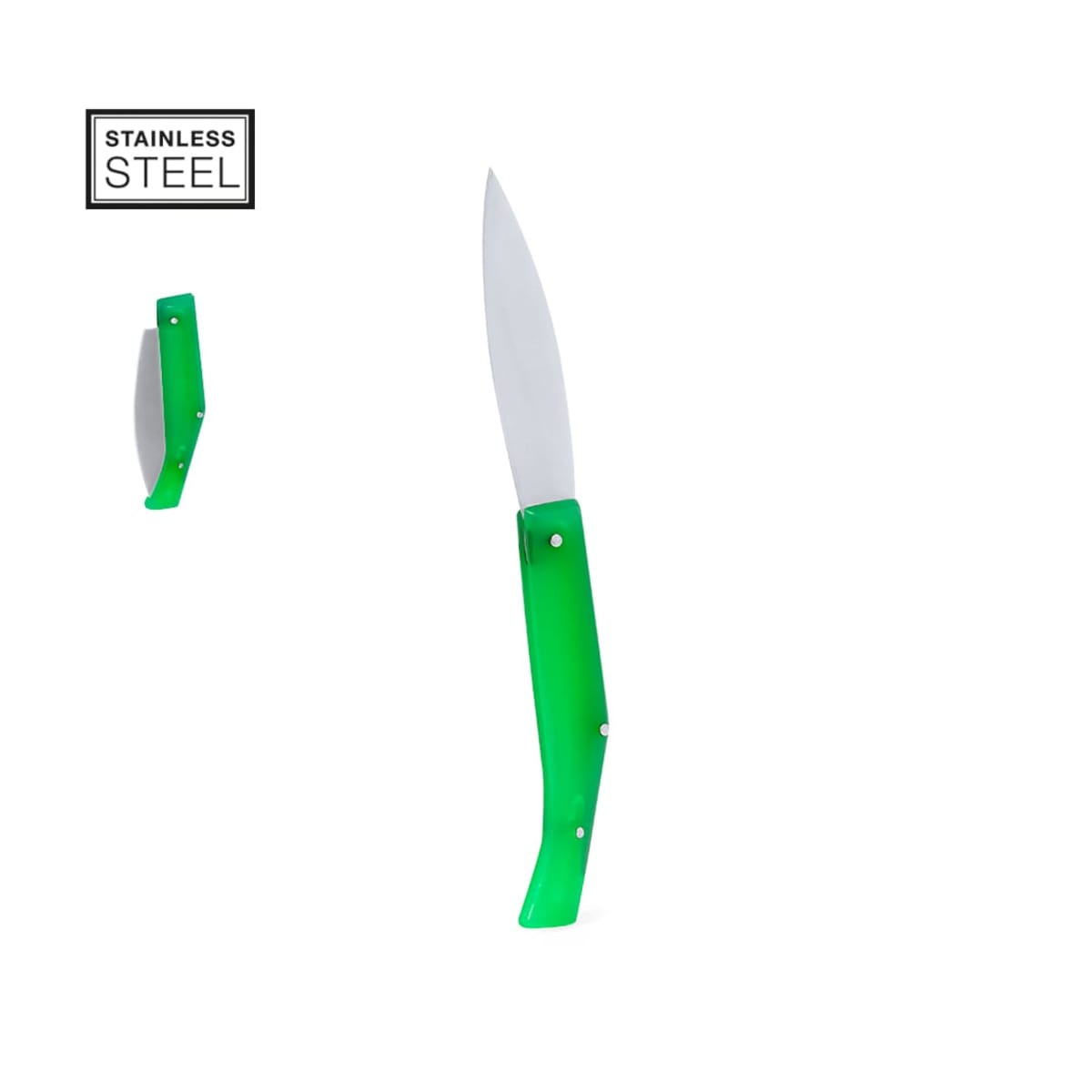 Green-handled folding knife with stainless steel blade.