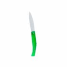 A folding knife with a green handle on a white background.