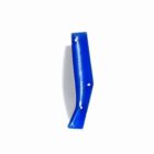 Blue and white climbing hold with holes against a white background.
