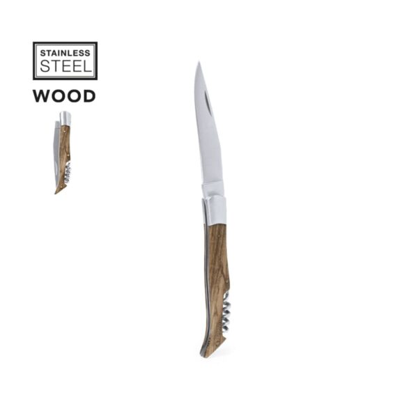 Folding knife with stainless steel blade and wood handle on white background.