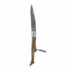 Folding knife with a wooden handle and a built-in corkscrew.