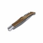 Wooden-handled corkscrew with a metallic bottle opener and screw.