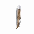 Wood-handled corkscrew bottle opener with a metal lever and foil cutter.