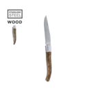Pocket knife with a stainless steel blade and wooden handle on a white background.