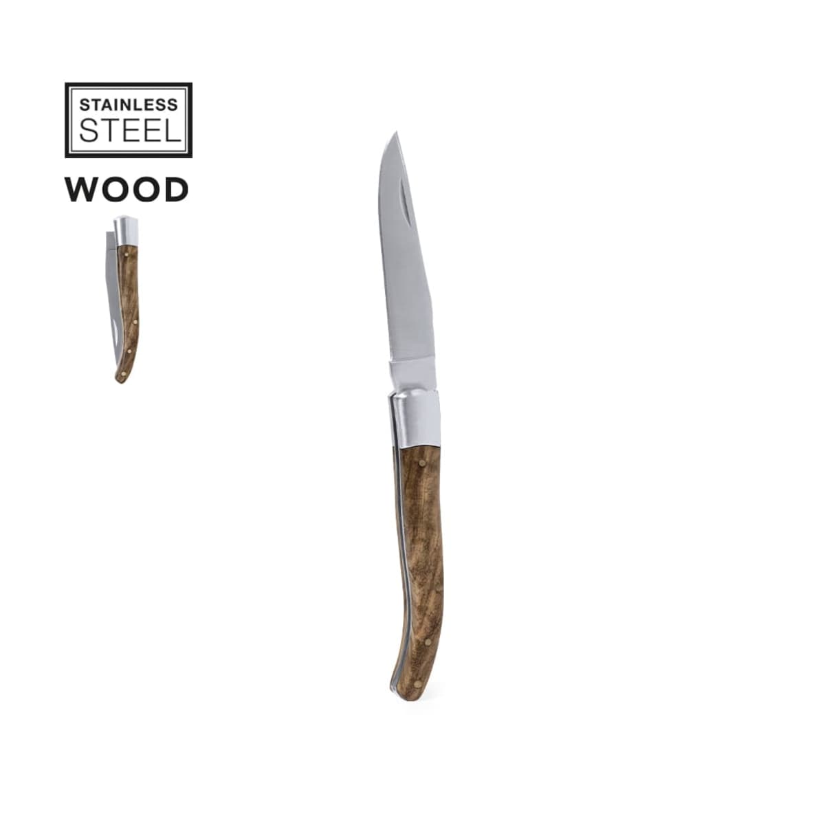 Pocket knife with a stainless steel blade and wooden handle on a white background.