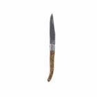 Folding knife with a wooden handle and a stainless steel blade.