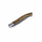 Wood-handled folding knife with curved metal blade partially visible.