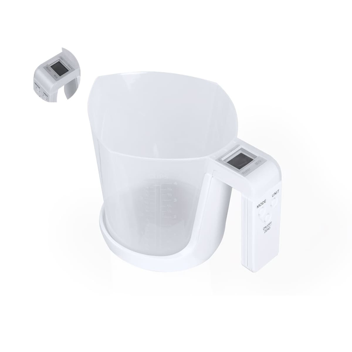 Digital measuring cup with a scale display on the handle, shown from two angles.