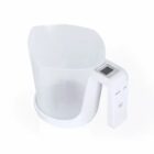 White digital measuring cup with handle and display panel.