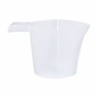 Transparent measuring cup with a handle, viewed from the side.