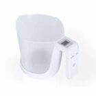 White plastic measuring cup with a digital scale on the handle.