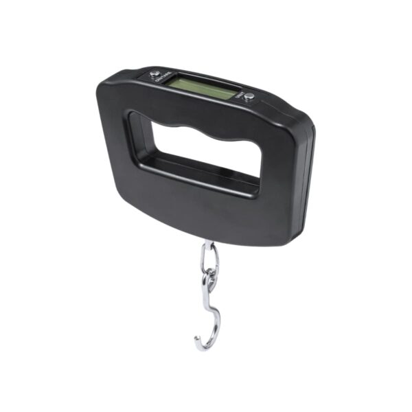 Digital luggage scale with a hook and LCD screen.