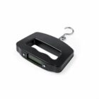 Digital hanging luggage scale with a hook, featuring an LCD screen and a black handle.