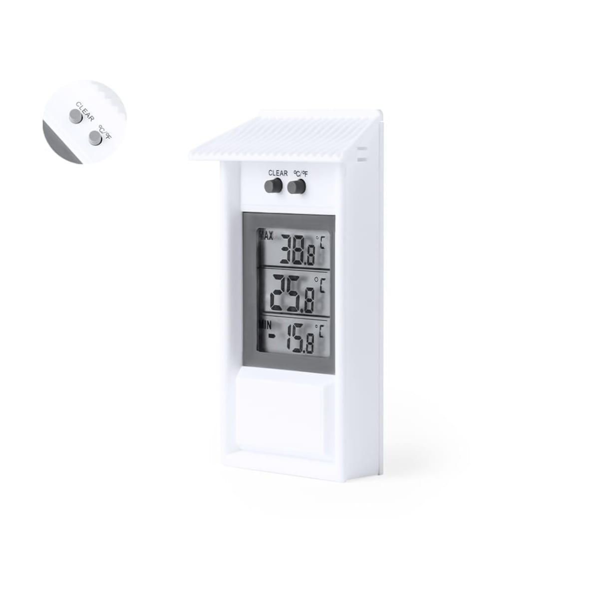 Digital indoor-outdoor thermometer with white casing and dual temperature display.