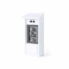 White digital thermometer showing indoor and outdoor temperatures in Celsius.