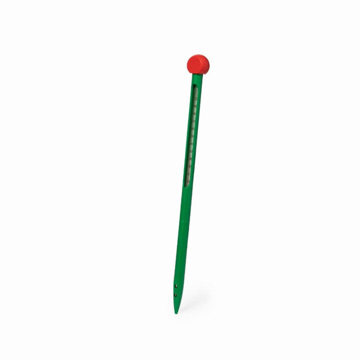 Green garden stake thermometer with a red cap on a white background.