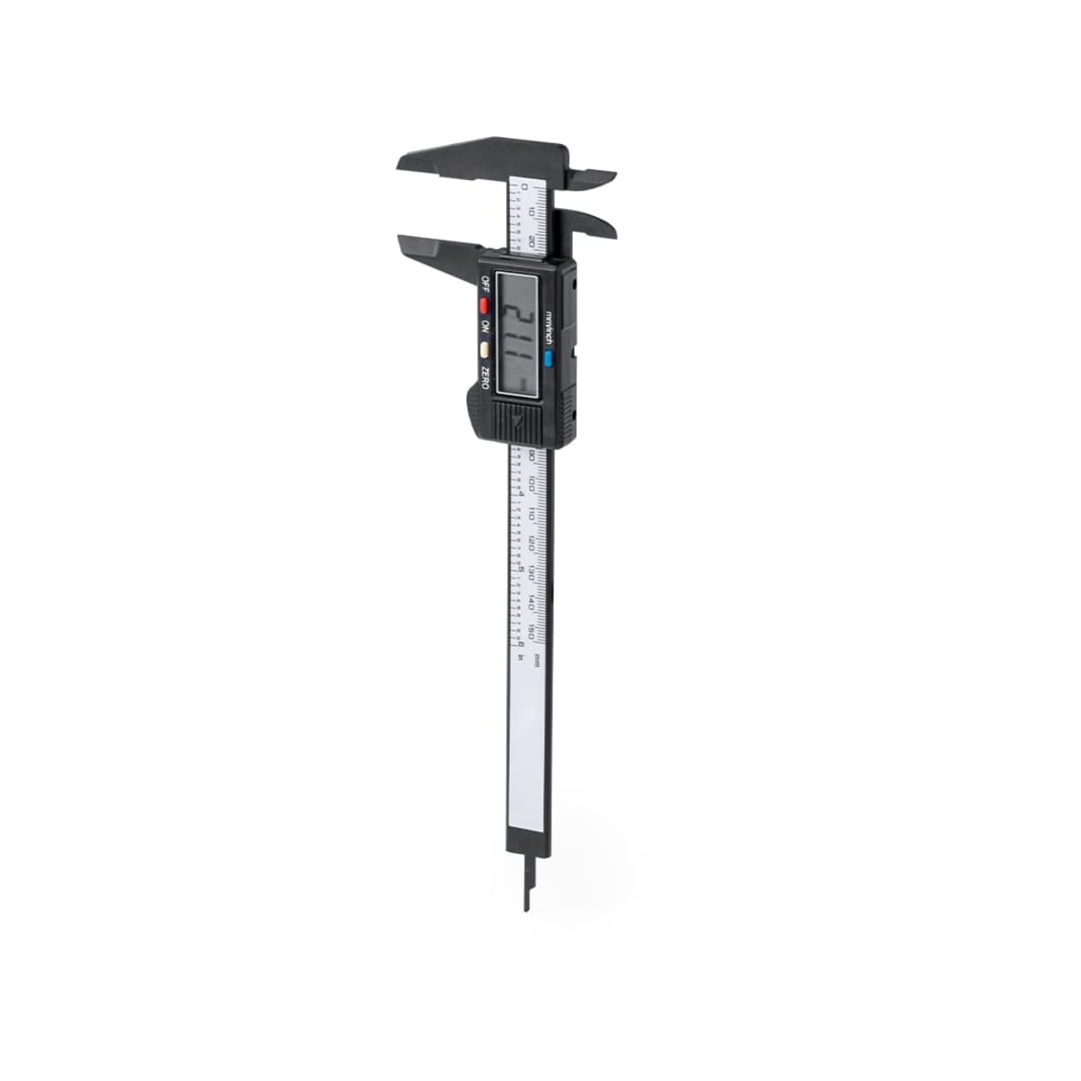 Digital caliper with LCD screen and measurement markings on a white background.
