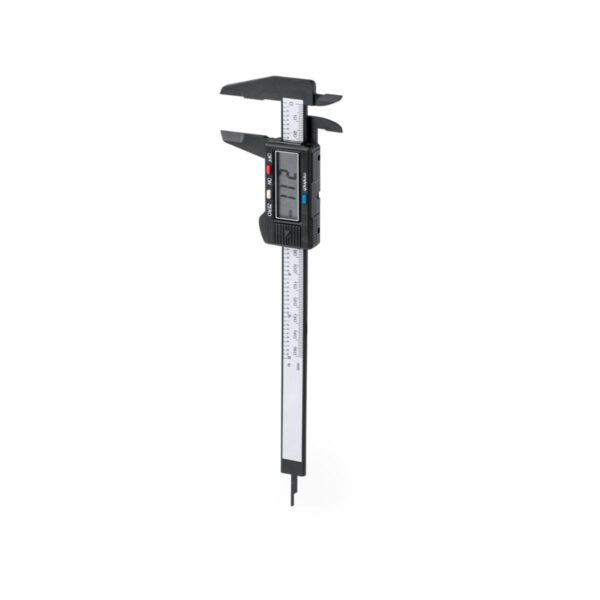 Digital caliper with LCD display and measurement scale on a white background.