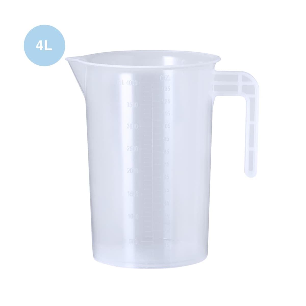 Transparent 4-liter measuring jug with handle, displayed against a white background.