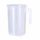 Transparent plastic pitcher with a handle, isolated on a white background.
