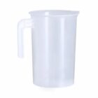 Transparent plastic measuring jug with a handle, standing upright on a white background.