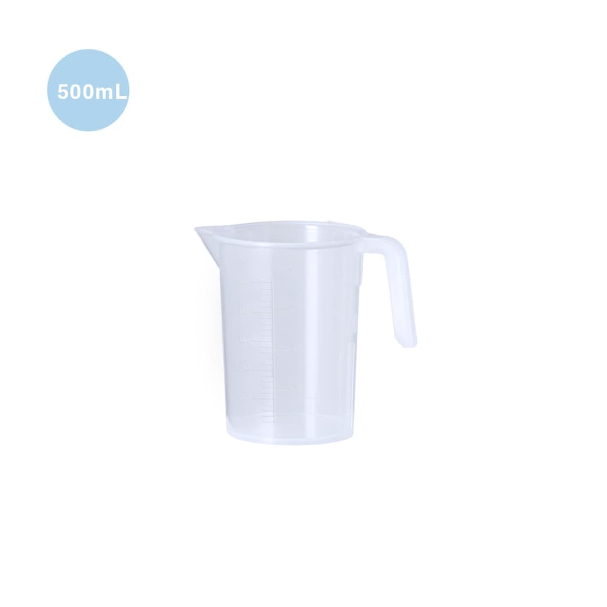 Transparent 500mL measuring cup with handle and spout on a white background.