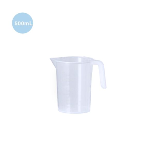 Transparent plastic measuring jug with a handle and spout, marked at 500mL.