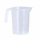 Transparent plastic measuring jug with a handle and spout.