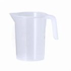 Transparent plastic measuring jug with a handle and spout.