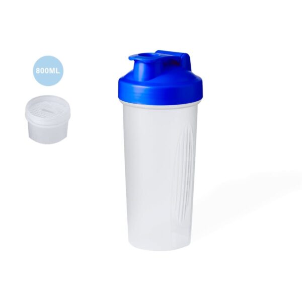 Transparent shaker bottle with a blue lid and a white filter. Capacity: 800ml.