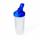 Clear shaker bottle with a blue lid and flip cap, isolated on a white background.