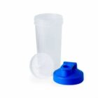 Plastic shaker bottle with blue lid and mesh insert on a white background.