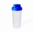 A white shaker bottle with a blue lid on a plain background.