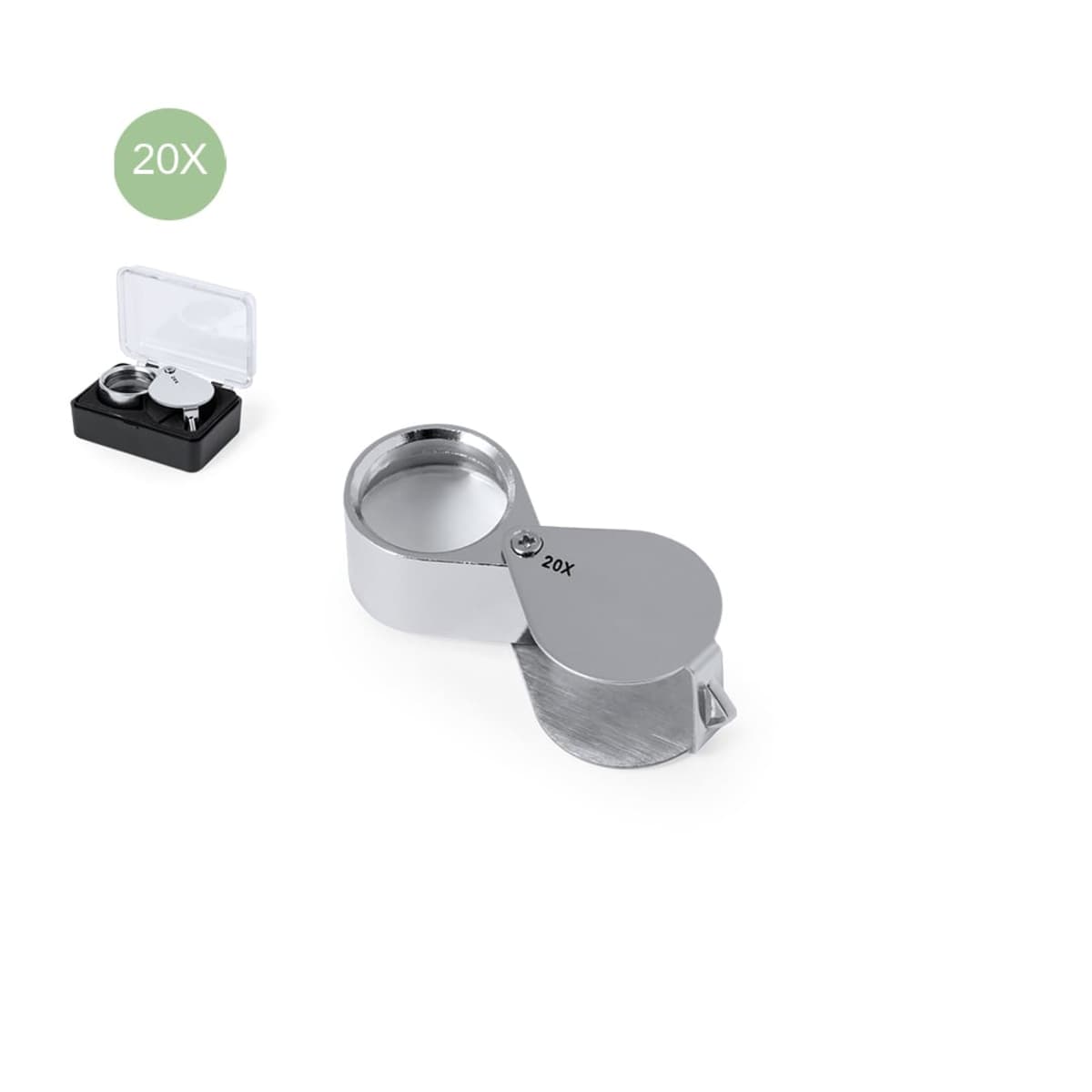 Silver 20X jewelers loupe with box on white background.
