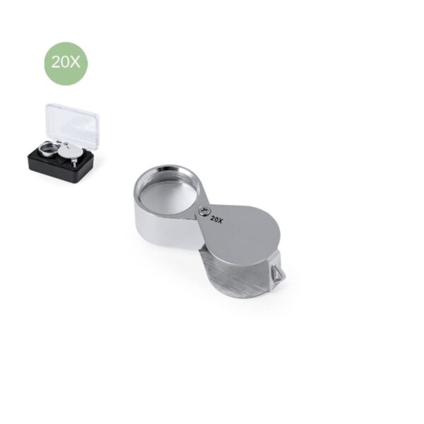 Silver folding jewelers loupe with a 20x magnification, shown with a black case.