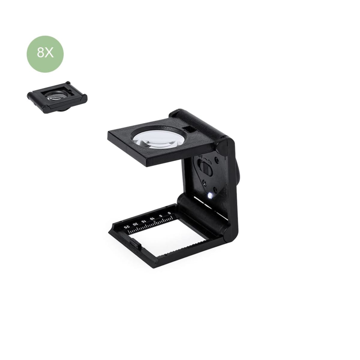 Folding magnifier showing 8x magnification, with a measuring scale at the base.