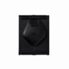 Black compact folding chair, isolated on a white background.