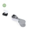 Silver foldable magnifying glass with 30x zoom, shown open and closed in a box.