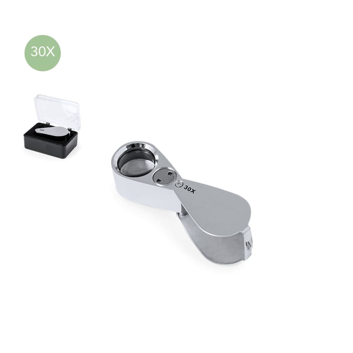 Silver foldable magnifying glass with 30x zoom, shown open and closed in a box.
