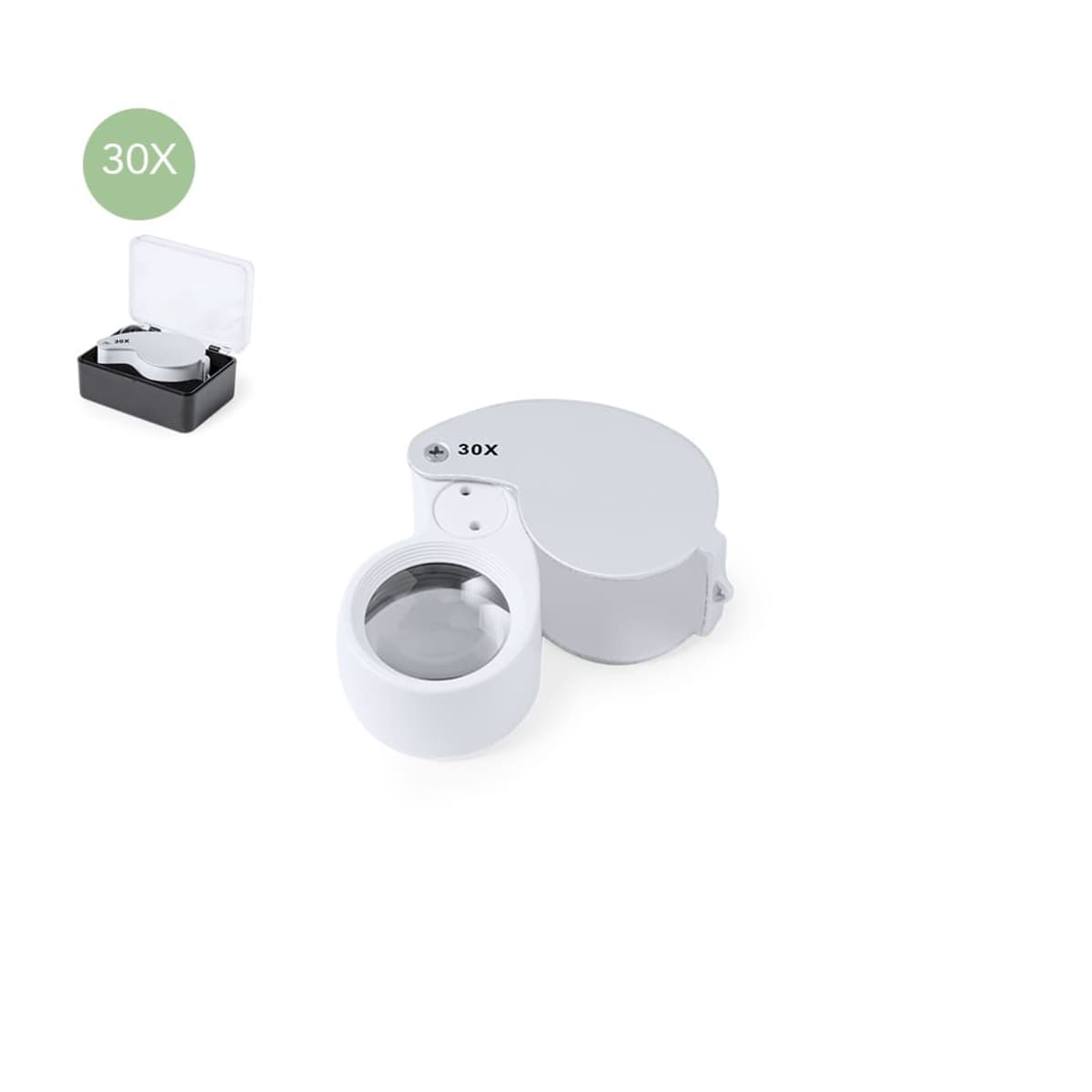 Silver 30X magnifying loupe with case, displayed on a white background.