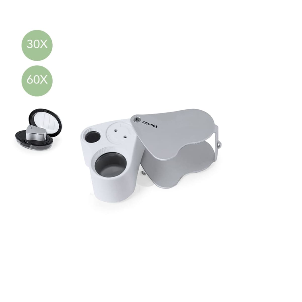 Folding pocket magnifier with 30X and 60X lenses, white and gray design.