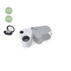 Silver 30X and 60X jewelry loupe magnifier with lens cover on white background.