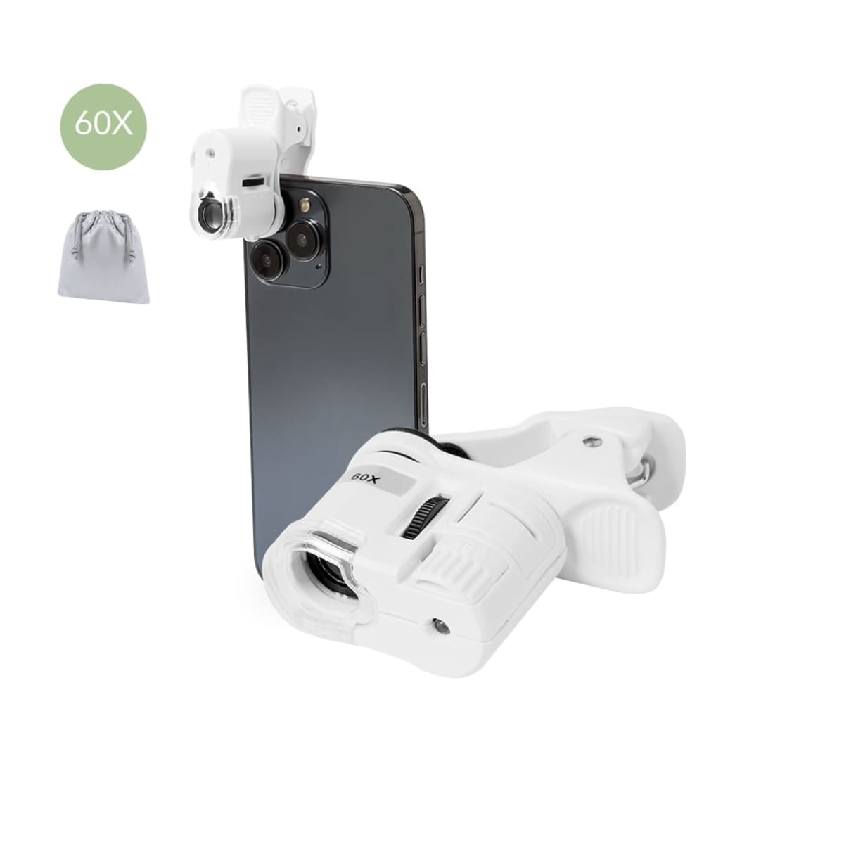Phone with a white clip-on microscope and a small gray pouch nearby.