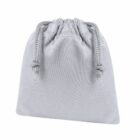 Light gray cloth drawstring bag with knotted cords on a white background.