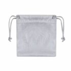 Gray drawstring pouch with knotted cords on both sides.